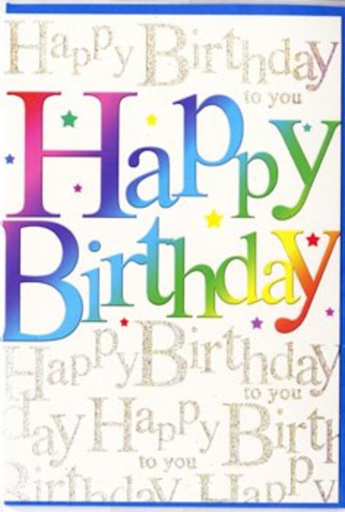 This birthday greeting card presents an image of pure celebration, its design layered with colour, shimmer, and thoughtful detail, reminiscent of a joyful gathering in South Hornchurch. Dominating the front is the phrase "Happy Birthday," rendered in large, rounded letters that feel modern yet welcoming. Each character carries its own slice of the spectrum, shifting from rich, berry reds and pinks to warm oranges and sunny yellows, before cooling into shades of garden green, turquoise, and deep evening blue, like a row of party lanterns hung across a garden near Dagenham East. The way the colours softly fuse into one another gives the lettering a sense of movement, as though the words themselves are joining in the celebration. Behind this bold message, the background is adorned with lines of golden cursive script repeatedly spelling out "Happy Birthday to you." The handwriting is elegant and flowing, with the metallic gold ink adding a gentle sparkle whenever it catches the light, reminiscent of candle flames flickering as friends gather to sing. These repeated words form a subtle, decorative pattern that enhances the depth of the design while keeping the main message crystal clear. Delicate specks of shimmer and tiny dots are scattered like confetti across the card, reinforcing the party atmosphere without clutter. The card's finish appears smooth and slightly glossy, giving it a tactile sense of quality, as though it would feel cool and sleek when first taken from its envelope. Altogether, this card feels like a complete birthday experience in miniature, perfectly suited to accompany a hand-delivered bouquet in South Hornchurch, bringing colour and joy into the room before a single gift is opened.