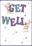 Brimming with warmth and optimistic energy, this get well card features two delightful companions-a friendly teddy bear and a floppy-eared puppy-who seem to leap off the page as they support the large, vibrant 'Get Well' message. Vibrant indigo and teal letters shine boldly against a clean, softly gleaming background, inviting feelings of clarity and good health. Sprinkled across the card, clusters of twinkling stars in blues and purples add a magical, hopeful quality. You can almost sense the inviting texture of plush fur and velvety ears, a tactile comfort akin to receiving fresh flowers at your South Hornchurch doorstep, perhaps near Harrow Lodge Park or Elm Park Avenue. More than a card, this scene embodies a heartfelt narrative-a gentle reminder of nearby support and the quiet power of well-wishing, as thoughtful as a lovingly arranged bouquet delivered by Florist South Hornchurch.