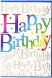 The image shows a bright and festive birthday card that seems designed to capture the mood of a happy South Hornchurch celebration. At the centre, the phrase "Happy Birthday" stretches boldly across the front in large, friendly letters, each one filled with a smooth blend of colour. The tones flow from deep crimson and magenta into tangerine, golden yellow, and lime green, then on to aqua and sapphire, like a rainbow stretched above the rooftops near South Hornchurch Country Park after a sudden shower. These colours are rich but softened at their edges, helping the words feel both lively and harmonious. Behind this main greeting, the background is richly decorated with the phrase "Happy Birthday to you" repeated in fine, looping gold script. The handwriting has an elegant, almost musical rhythm, and the metallic ink appears to shimmer delicately, as if catching light from nearby fairy lights or the glow of birthday candles on a table in Rainham. Light sprinkles of tiny star-like glints and confetti dots dance across the design, adding an extra layer of fun and motion without making the card feel crowded. The overall finish looks smooth and gently glossy, giving the impression of a high-quality cardstock that would feel pleasing under your fingertips. The balance between the bold multicoloured lettering and the subtle golden backdrop creates a sense of both excitement and warmth, making this card an ideal partner for a cheerful bouquet delivered locally in South Hornchurch-together turning a simple birthday wish into a moment filled with colour, sparkle, and heartfelt sentiment.